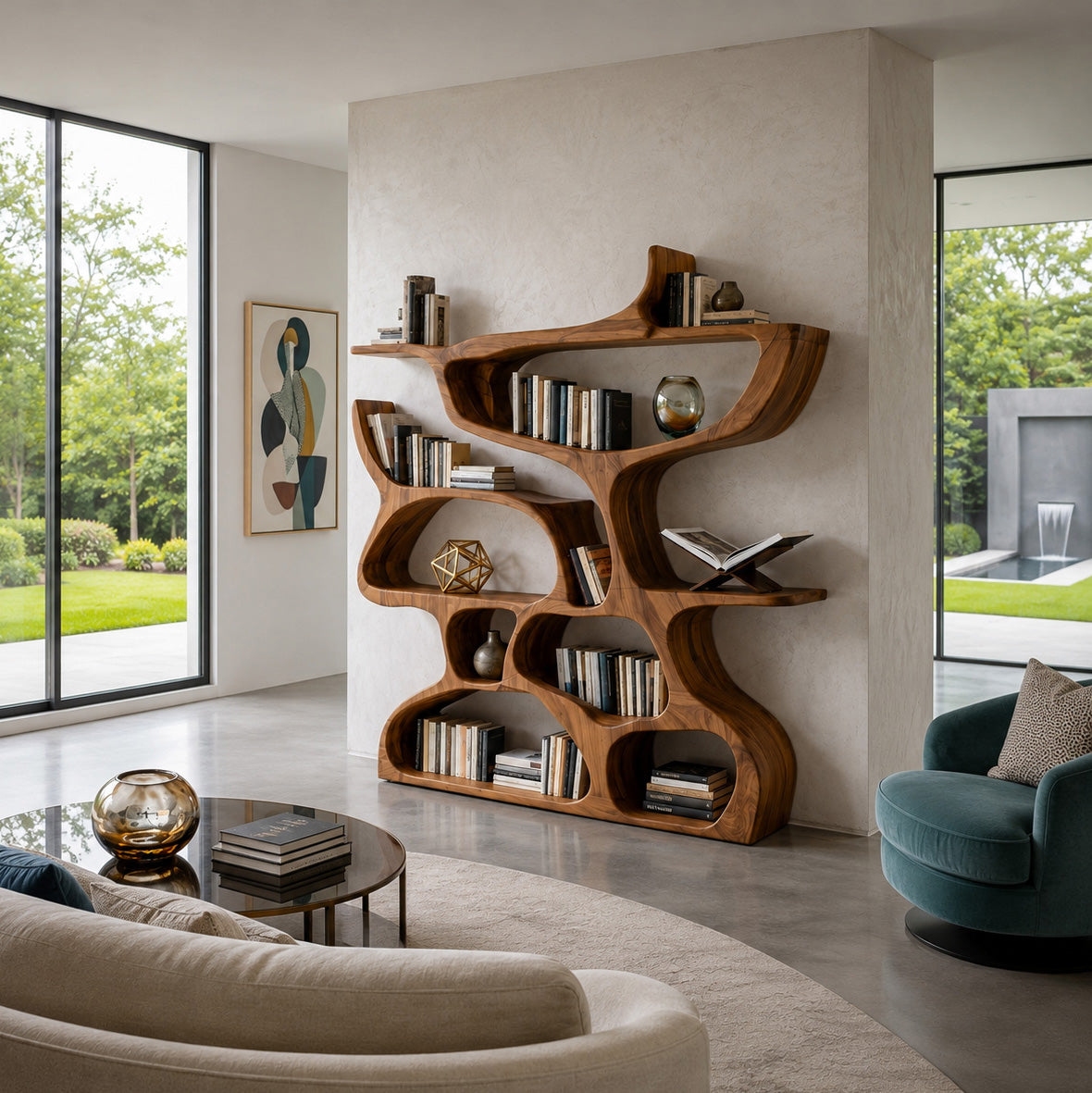 Organic Carved Solid Wood Bookshelf with Open Compartments - Image 2