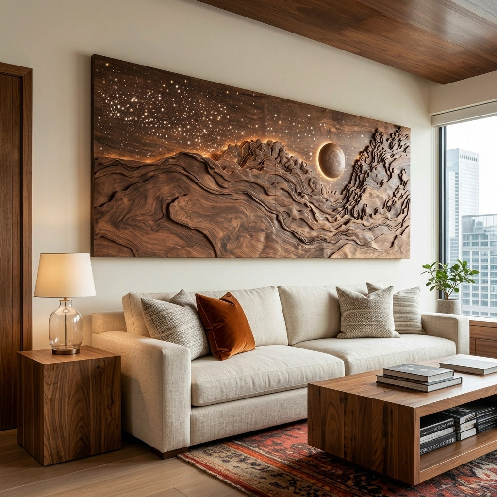 Hand-Carved Solid Wood Eclipse Wall Art with LED Backlight - Image 2