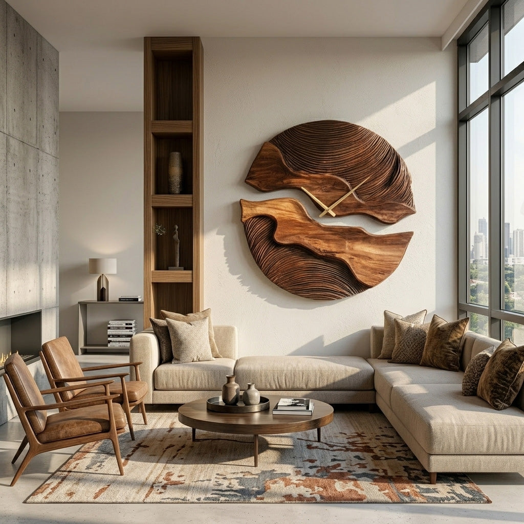 Carved Solid Wood Wall Clock with Organic Split Form - Image 4