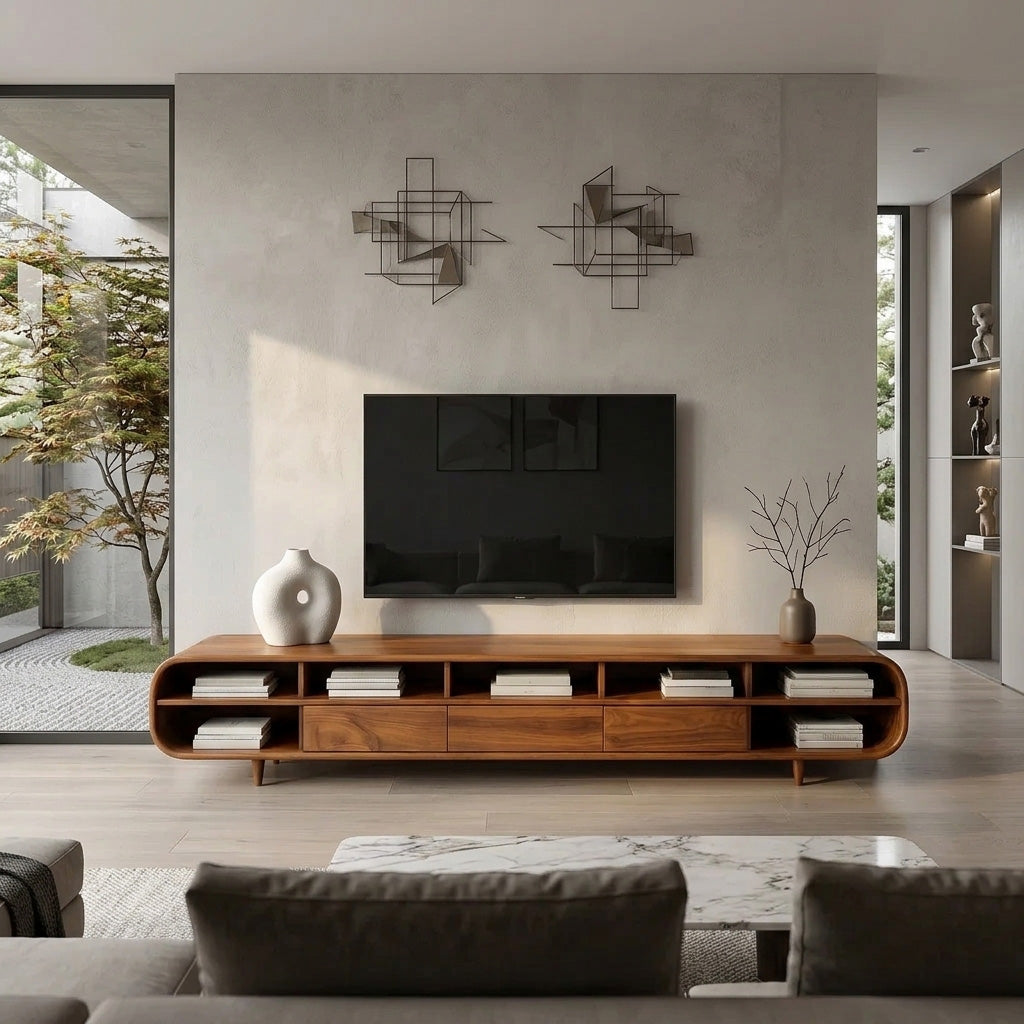 Mid-Century Solid Wood TV Cabinet with Drawers and Open Shelves - Image 2