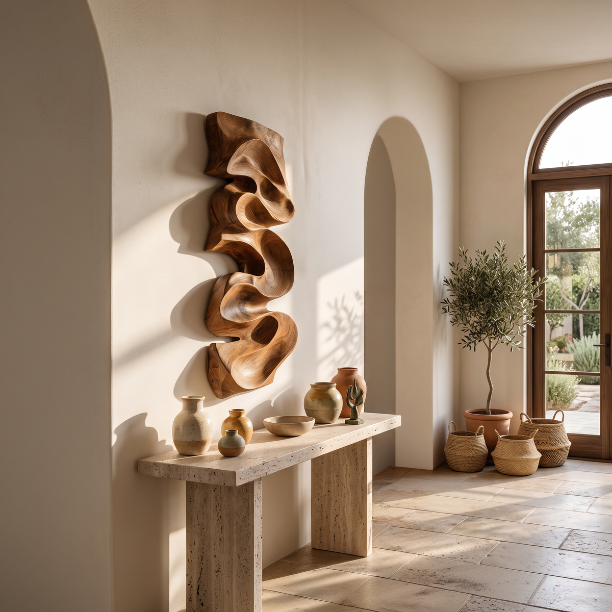 Carved Solid Wood Wall Art Panel with Cascading Curves - Image 3