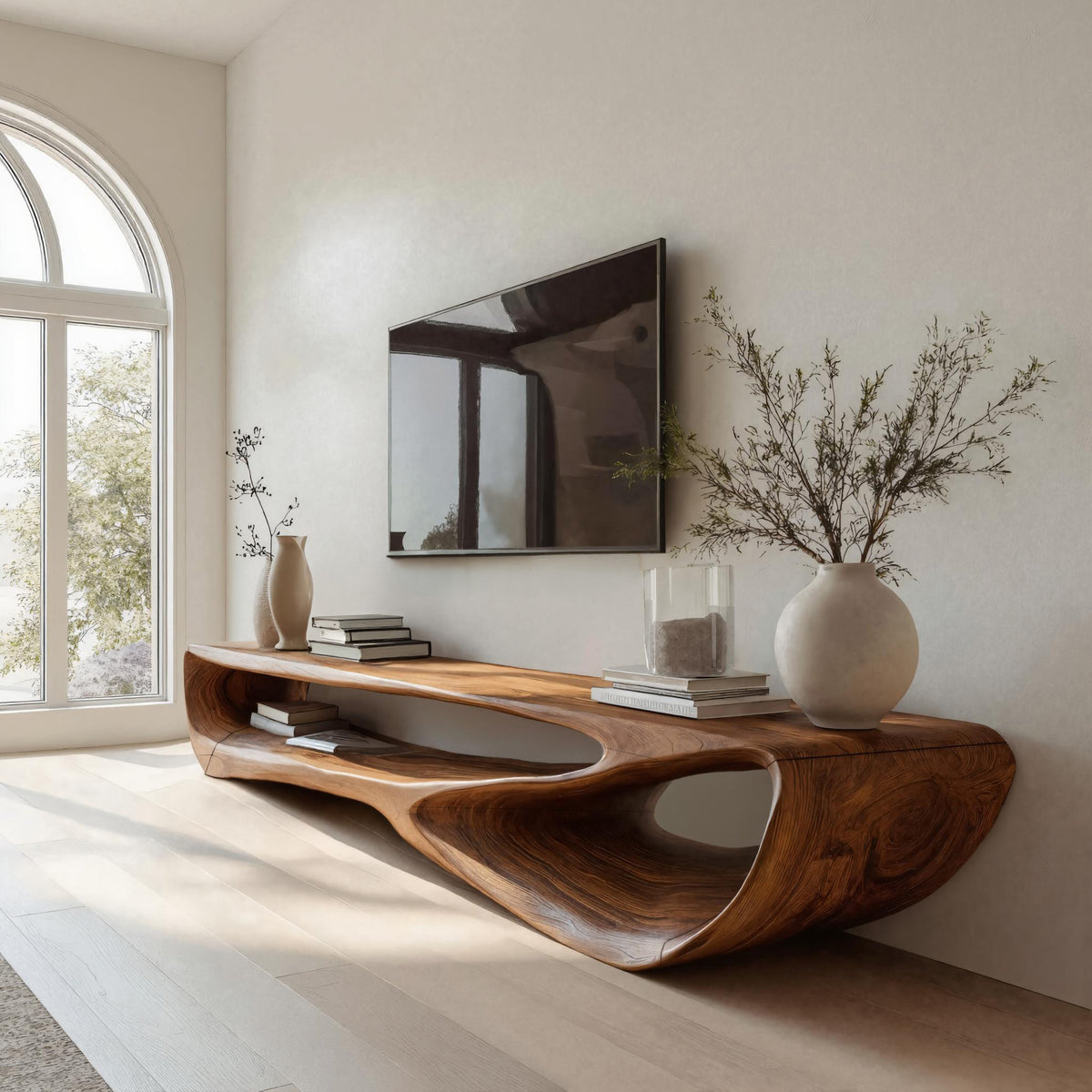 Curved Solid Wood Low TV Console with Open Center - Image 3
