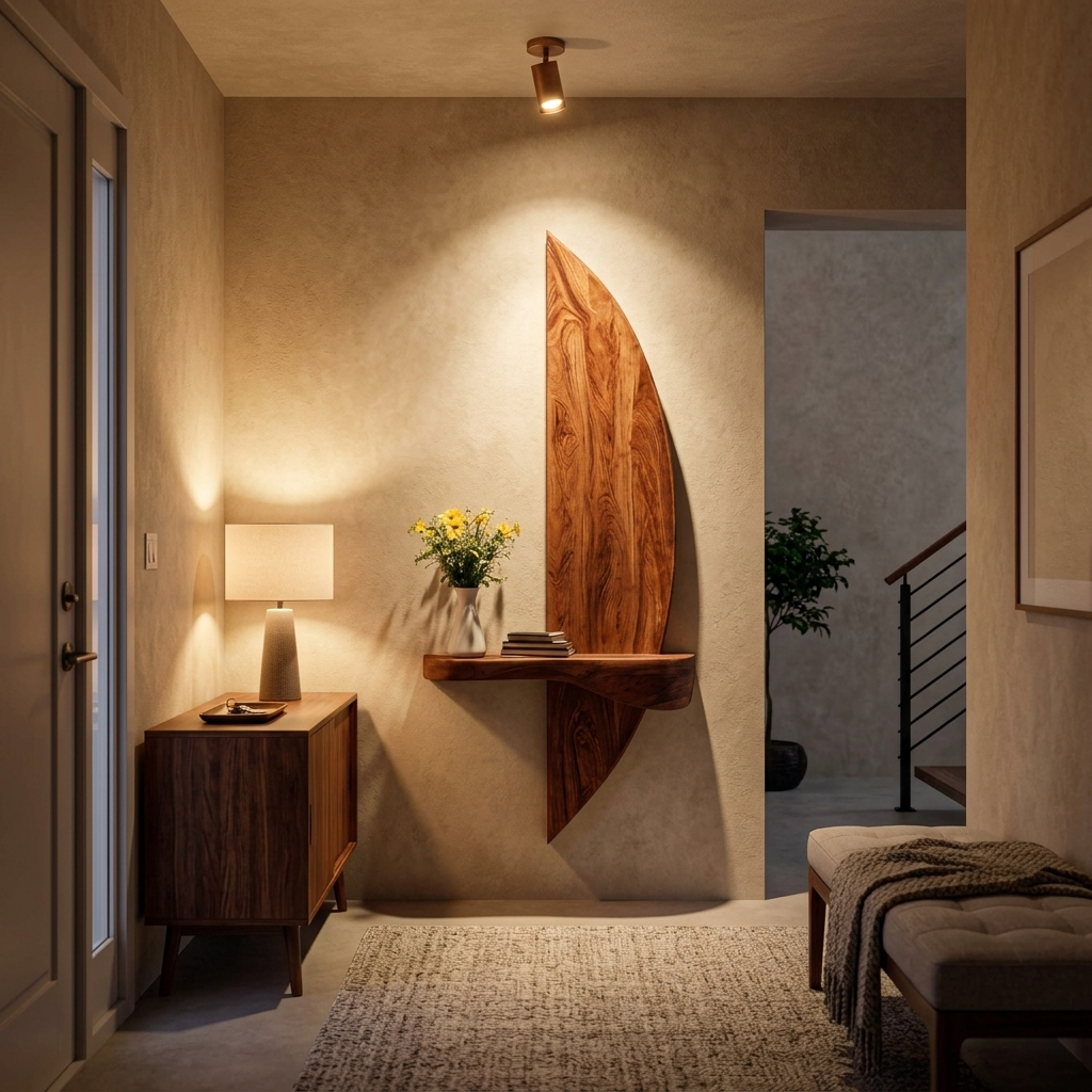 Solid Wood Sculptural Floating Wall Shelf with Arched Support - Image 2