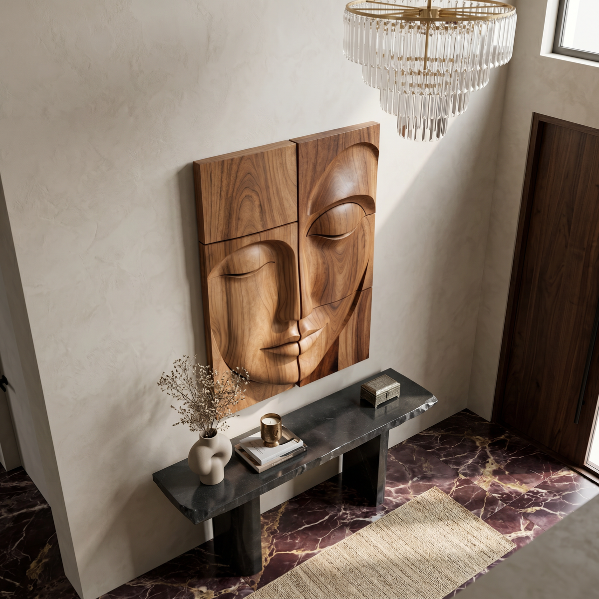 Carved Solid Wood Buddha Face Wall Art Panels - Image 3