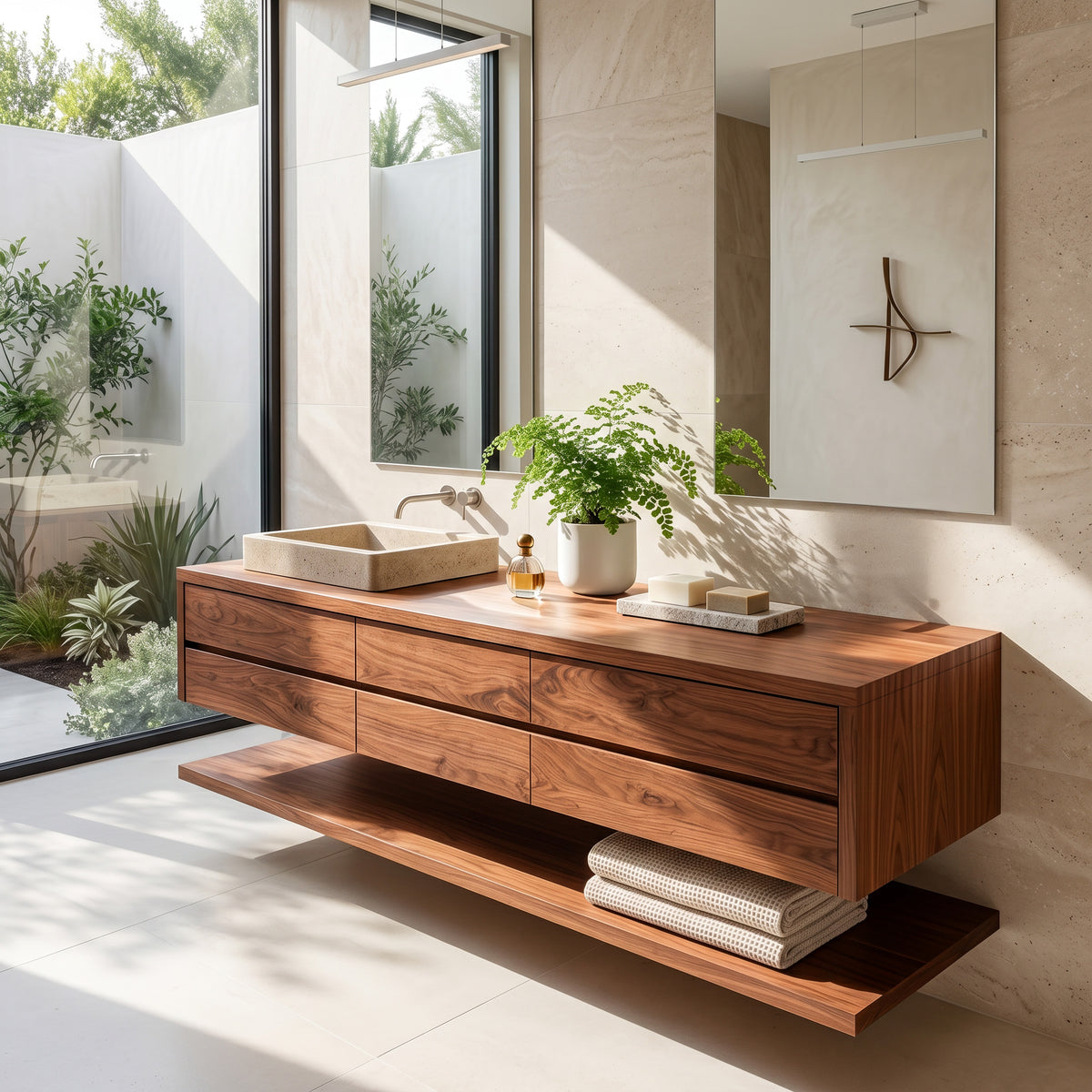Contemporary Floating Solid Wood Bathroom Vanity with Drawers - Image 2