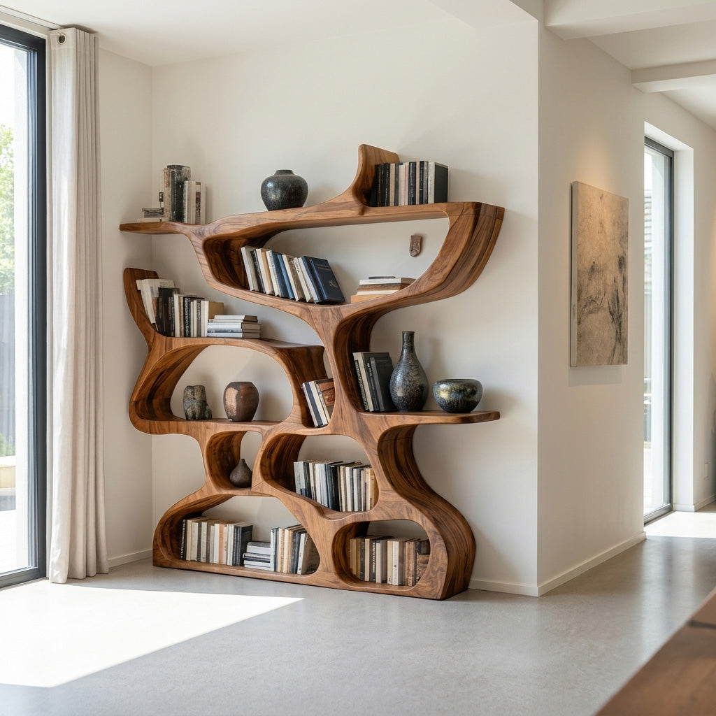 Organic Carved Solid Wood Bookshelf with Open Compartments - Image 3