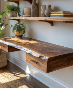 Live Edge Solid Wood Floating Wall Desk with Drawers