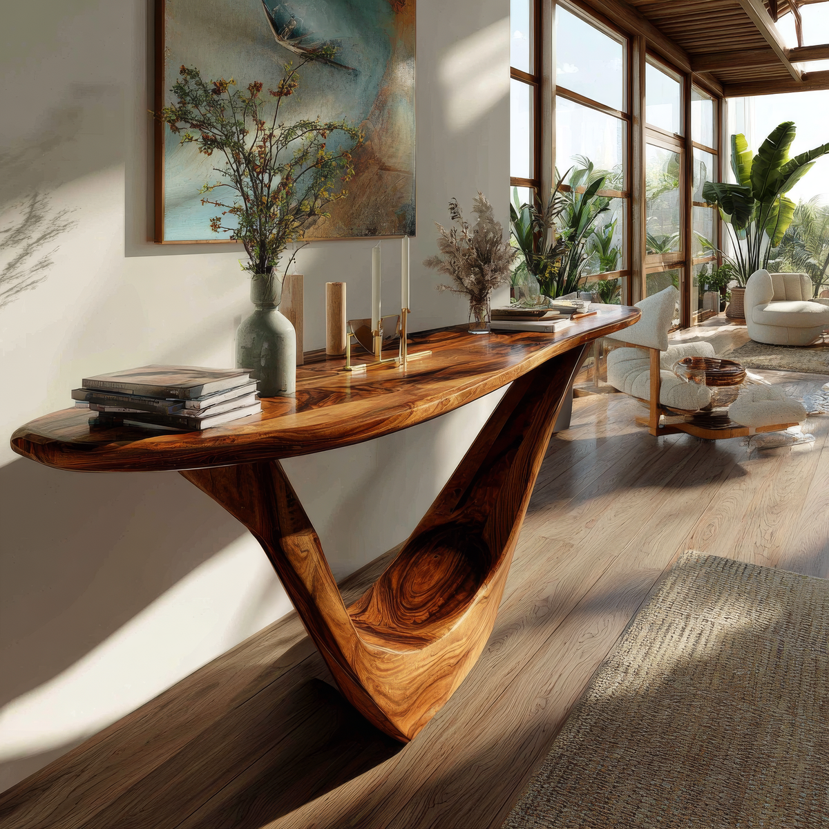 Solid Hardwood Console Table with Open Geometric Sculpted Base