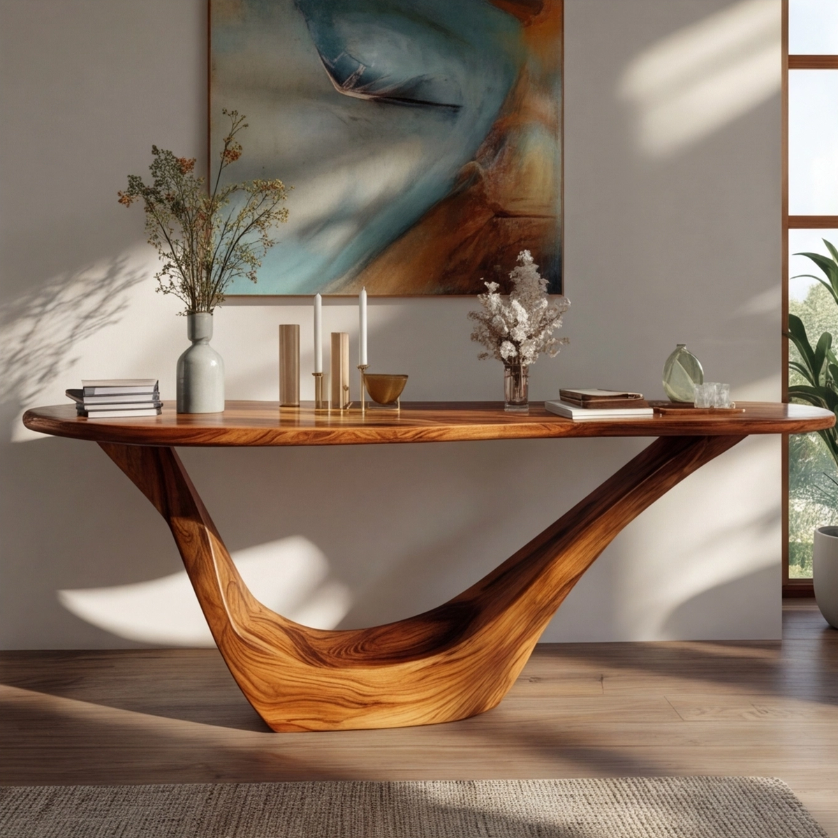 Solid Hardwood Console Table with Open Geometric Sculpted Base - Image 2