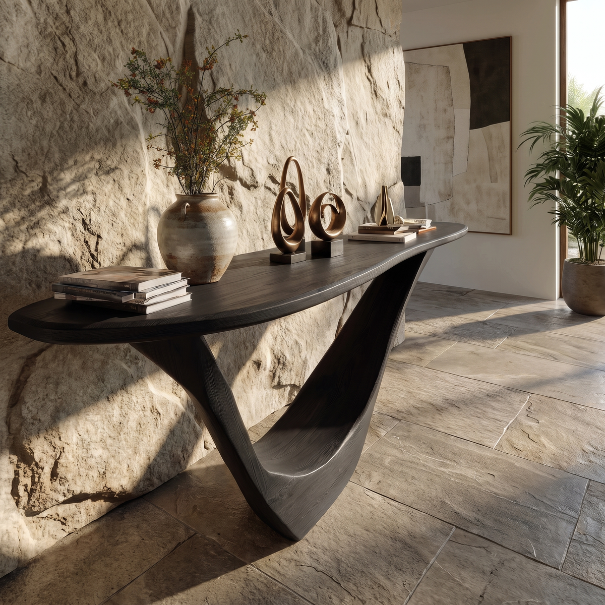 Solid Hardwood Console Table with Open Geometric Sculpted Base - Image 8