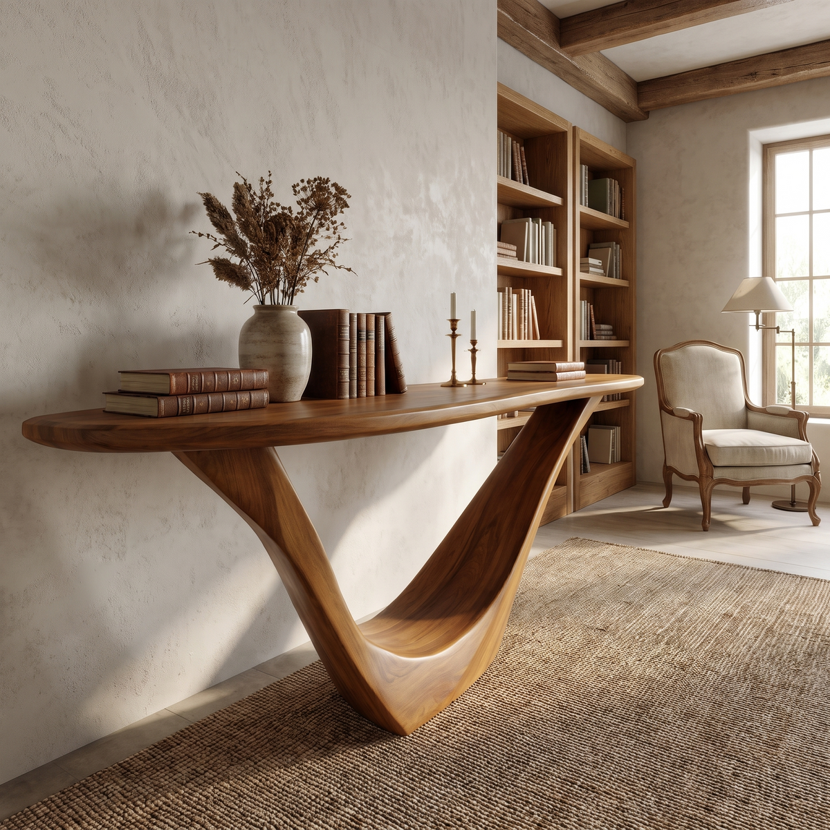 Solid Hardwood Console Table with Open Geometric Sculpted Base - Image 6