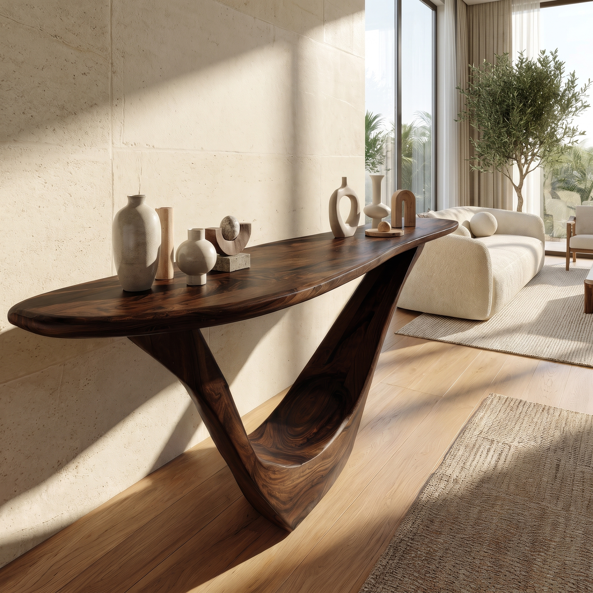 Solid Hardwood Console Table with Open Geometric Sculpted Base - Image 7