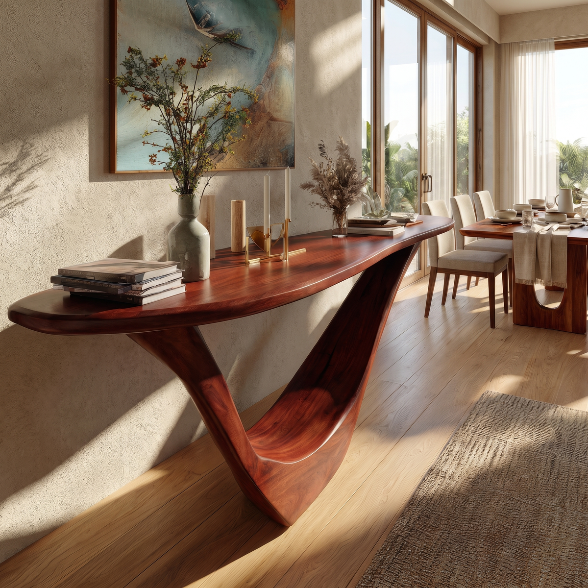 Solid Hardwood Console Table with Open Geometric Sculpted Base - Image 5