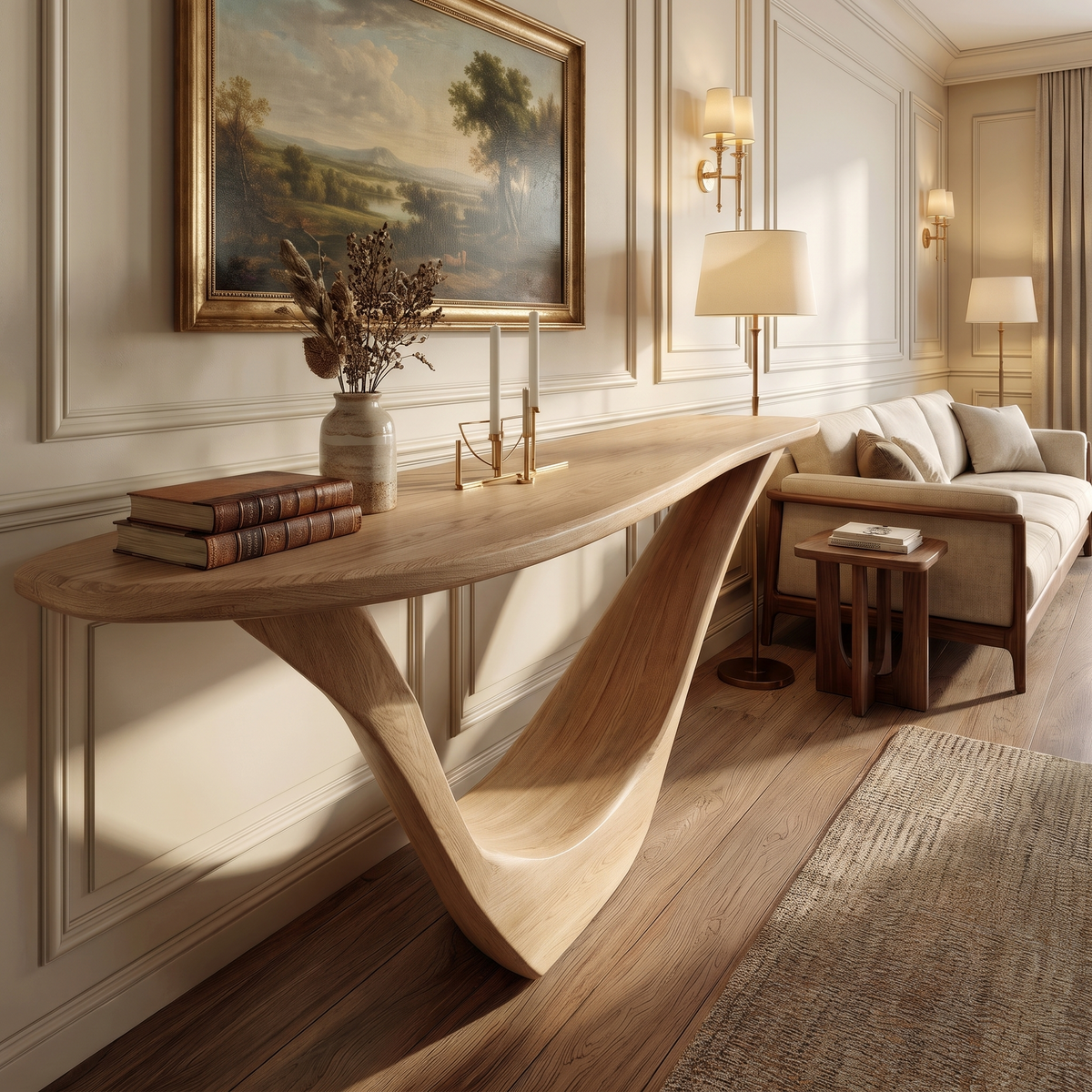 Solid Hardwood Console Table with Open Geometric Sculpted Base - Image 3