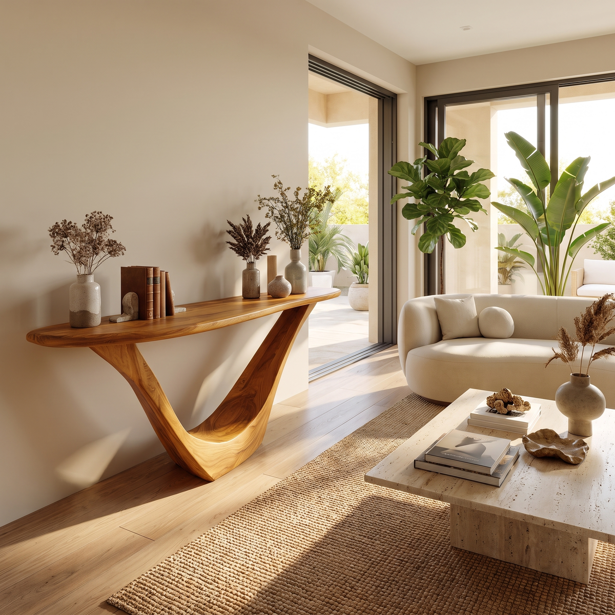 Solid Hardwood Console Table with Open Geometric Sculpted Base - Image 4