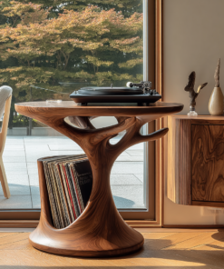 Treeform Sculpted Solid Wood Record Player Stand with Vinyl Storage