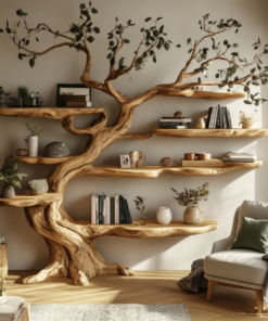 Sculpted Solid Hardwood Tree Bookshelf with Branching Shelves