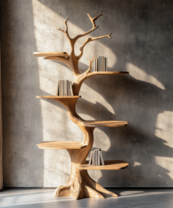 Tall Solid Hardwood Tree Bookshelf with Branch Display Shelves