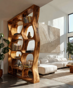 Sculpted Solid Hardwood Room Divider Bookshelf with Carved Openings
