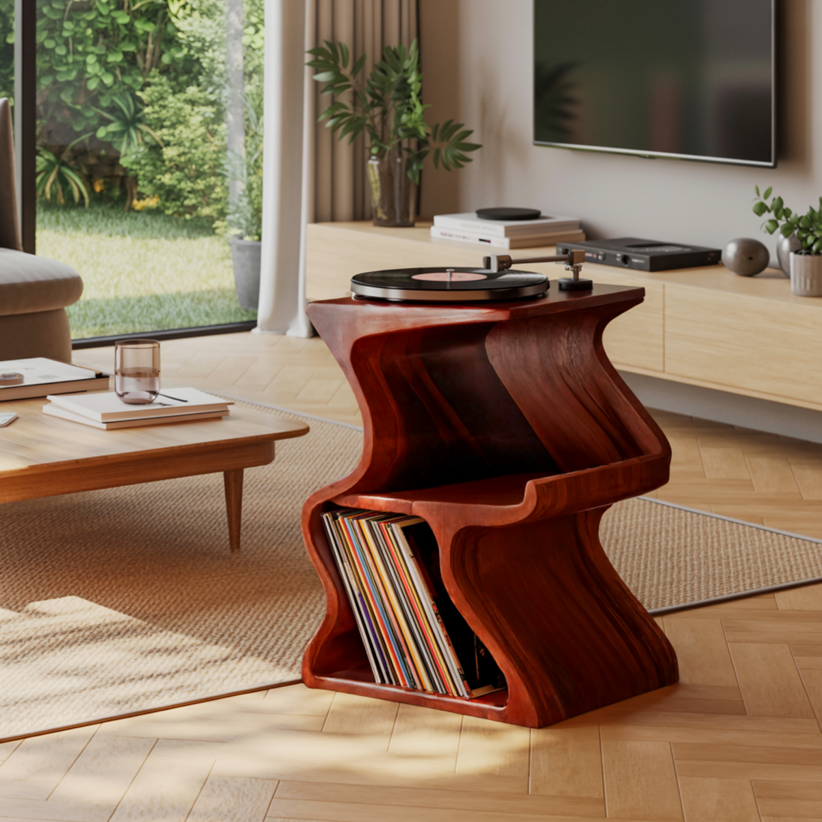 Solid Walnut Wave Record Player Stand with Vinyl Storage Tiers - Image 2