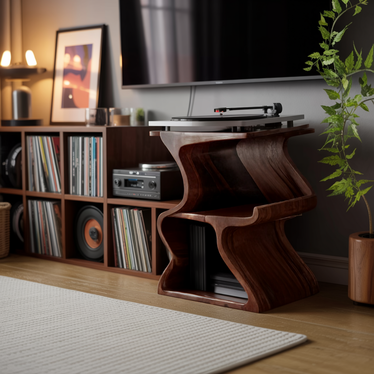 Solid Walnut Wave Record Player Stand with Vinyl Storage Tiers - Image 3