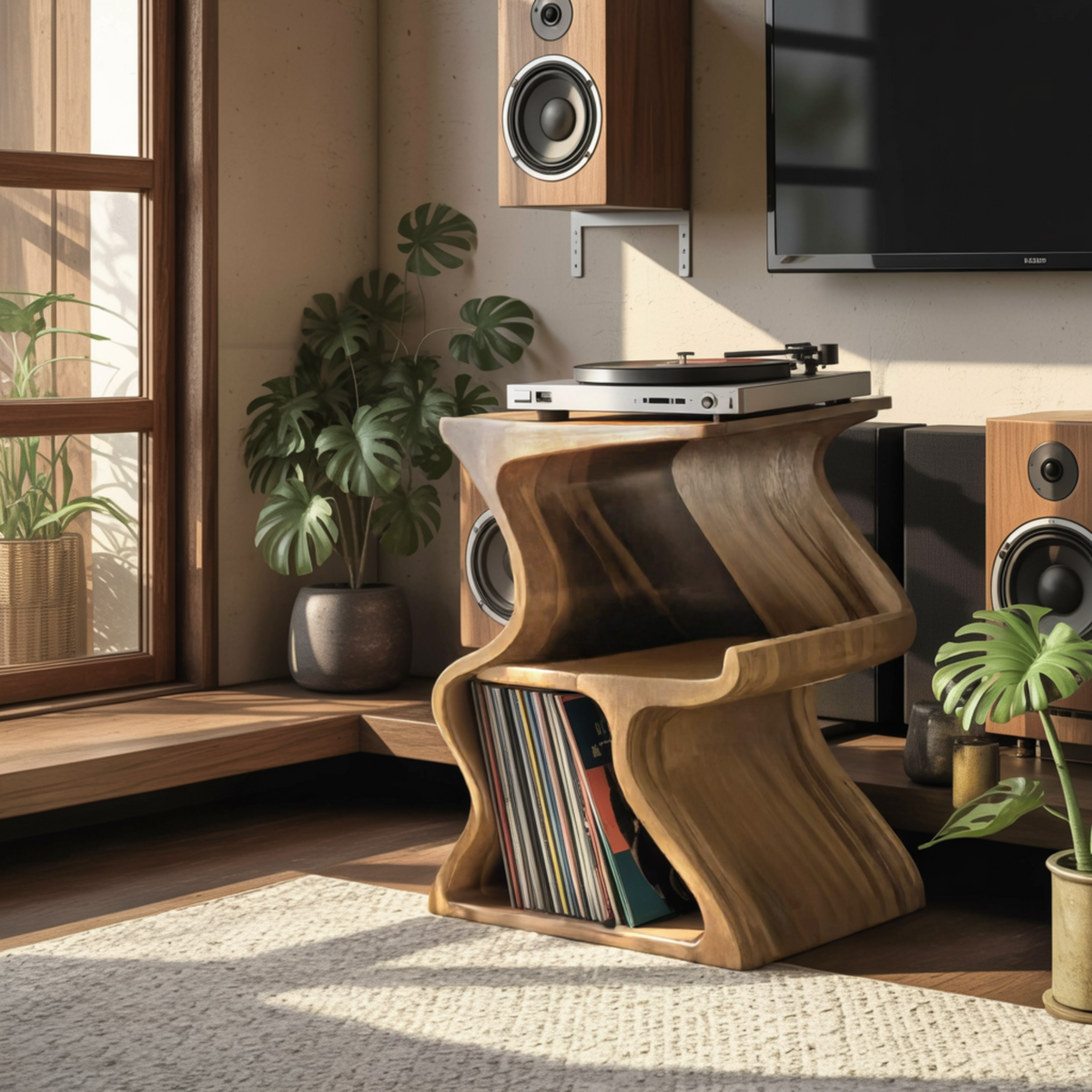 Solid Walnut Wave Record Player Stand with Vinyl Storage Tiers - Image 4