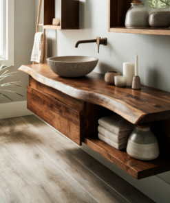 Floating Live Edge Hardwood Vanity with Drawers and Open Shelf