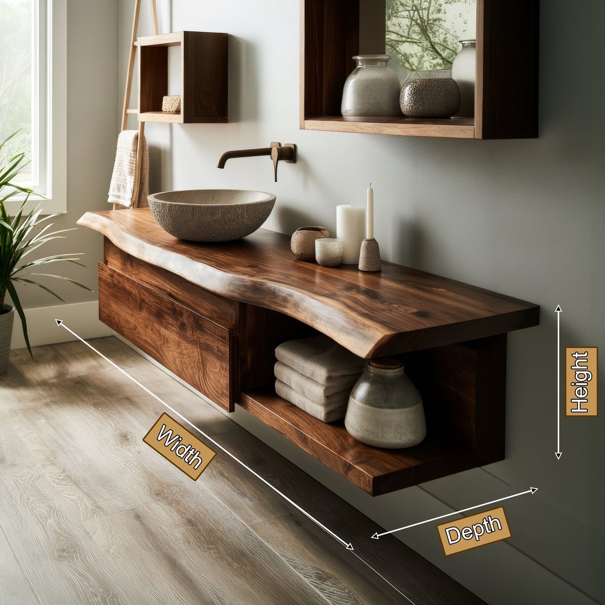 Floating Live Edge Hardwood Vanity with Drawers and Open Shelf - Image 8
