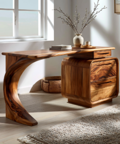 Solid Wood Waterfall Desk with Three-Drawer Pedestal