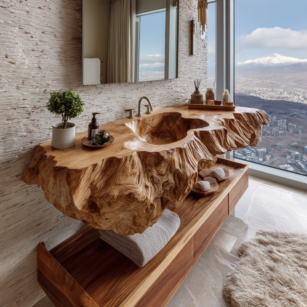 Carved Solid Hardwood Floating Bathroom Vanity with Integrated Sink