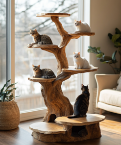 Branched Sculpted Solid Wood Cat Tree Shelf, Freestanding
