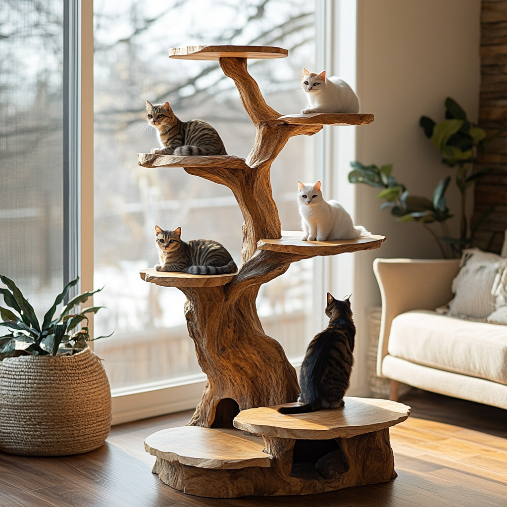 Branched Sculpted Solid Wood Cat Tree Shelf, Freestanding