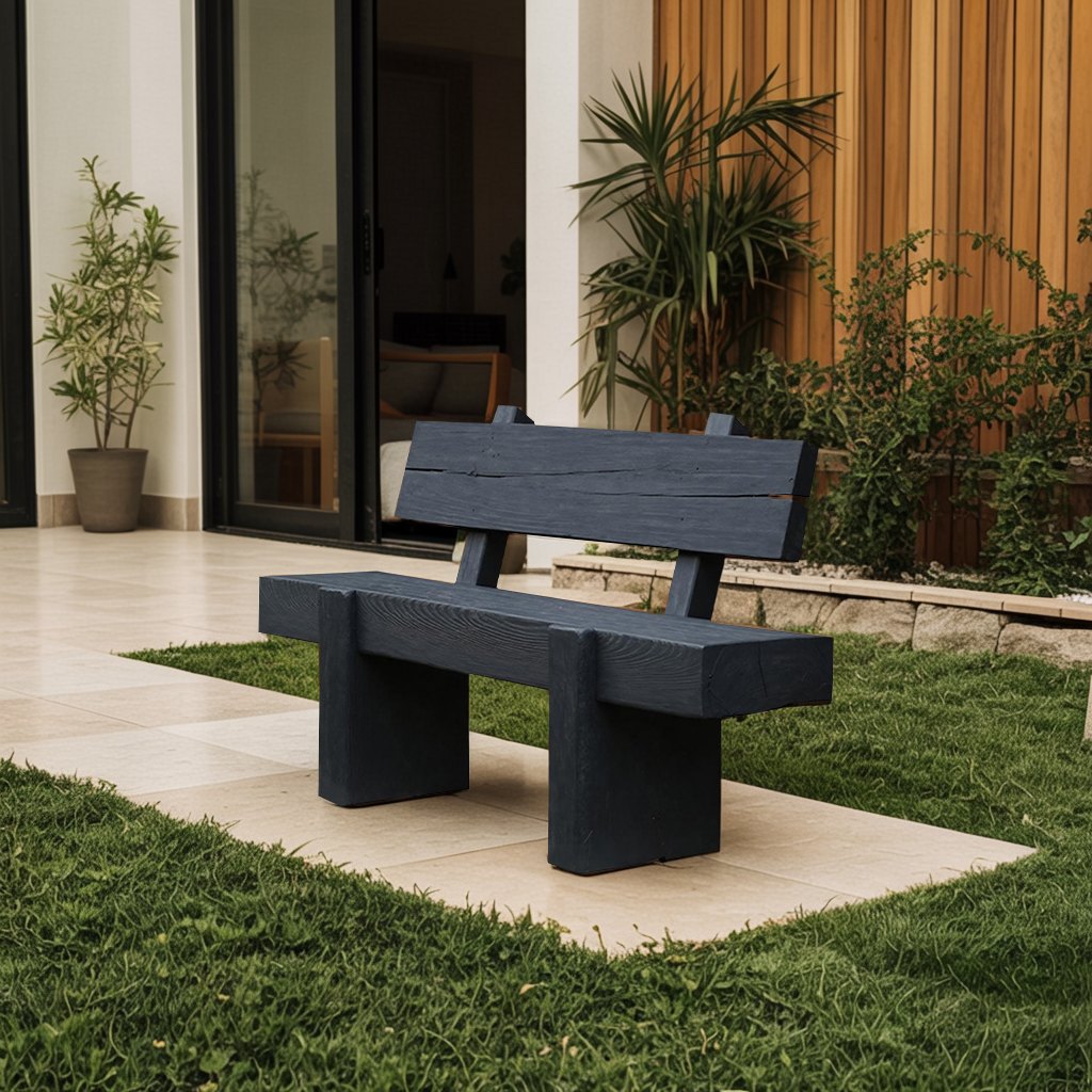 Charred Solid Wood Outdoor Bench with Reclined Backrest - Image 4
