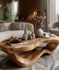 Sculpted Solid Hardwood Coffee Table with Wave-Like Base