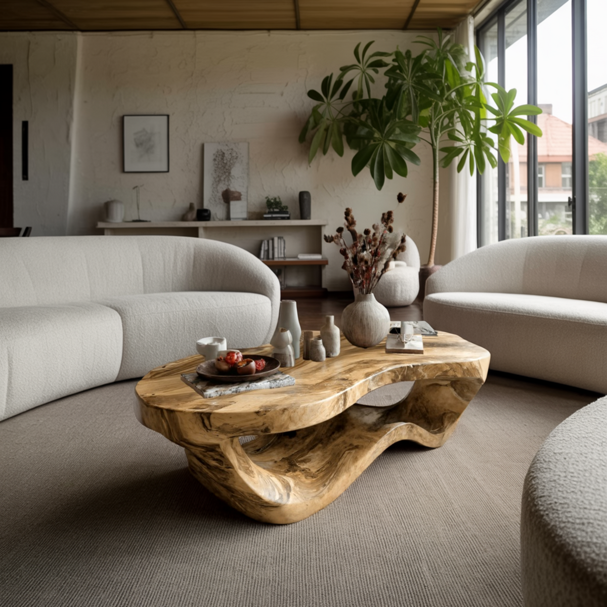 Sculpted Solid Hardwood Coffee Table with Wave-Like Base - Image 2