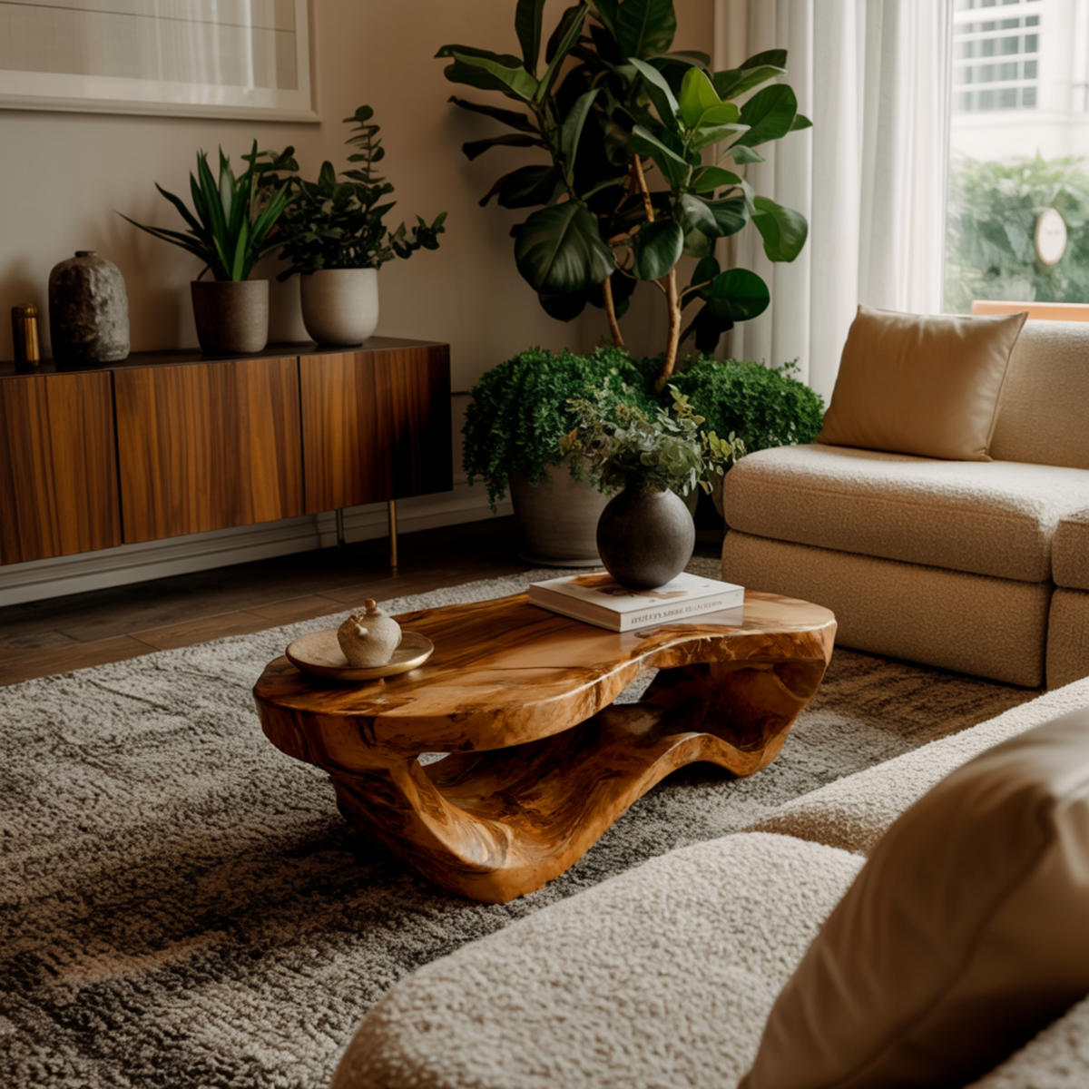 Sculpted Solid Hardwood Coffee Table with Wave-Like Base - Image 3