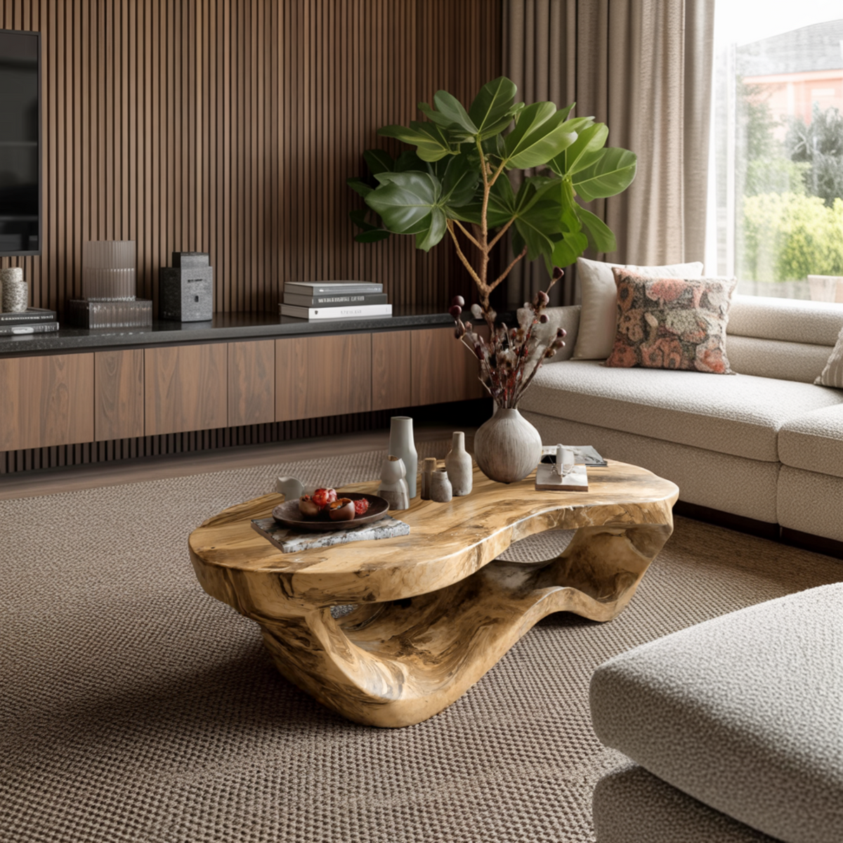 Sculpted Solid Hardwood Coffee Table with Wave-Like Base - Image 4
