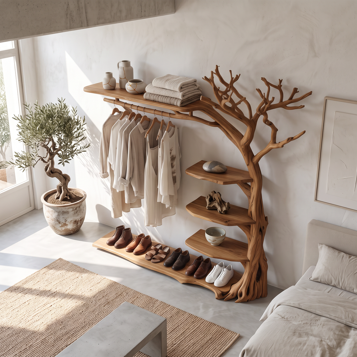 Rustic Tree Branch Coat Rack with Shoe Shelf and Live Edge - Image 3