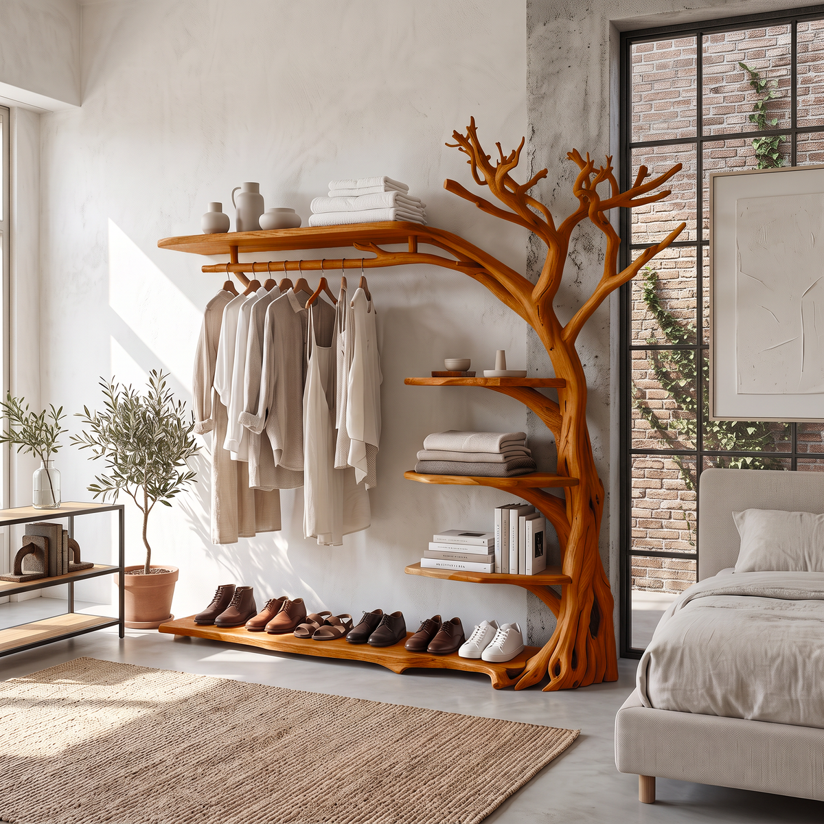 Rustic Tree Branch Coat Rack with Shoe Shelf and Live Edge - Image 6