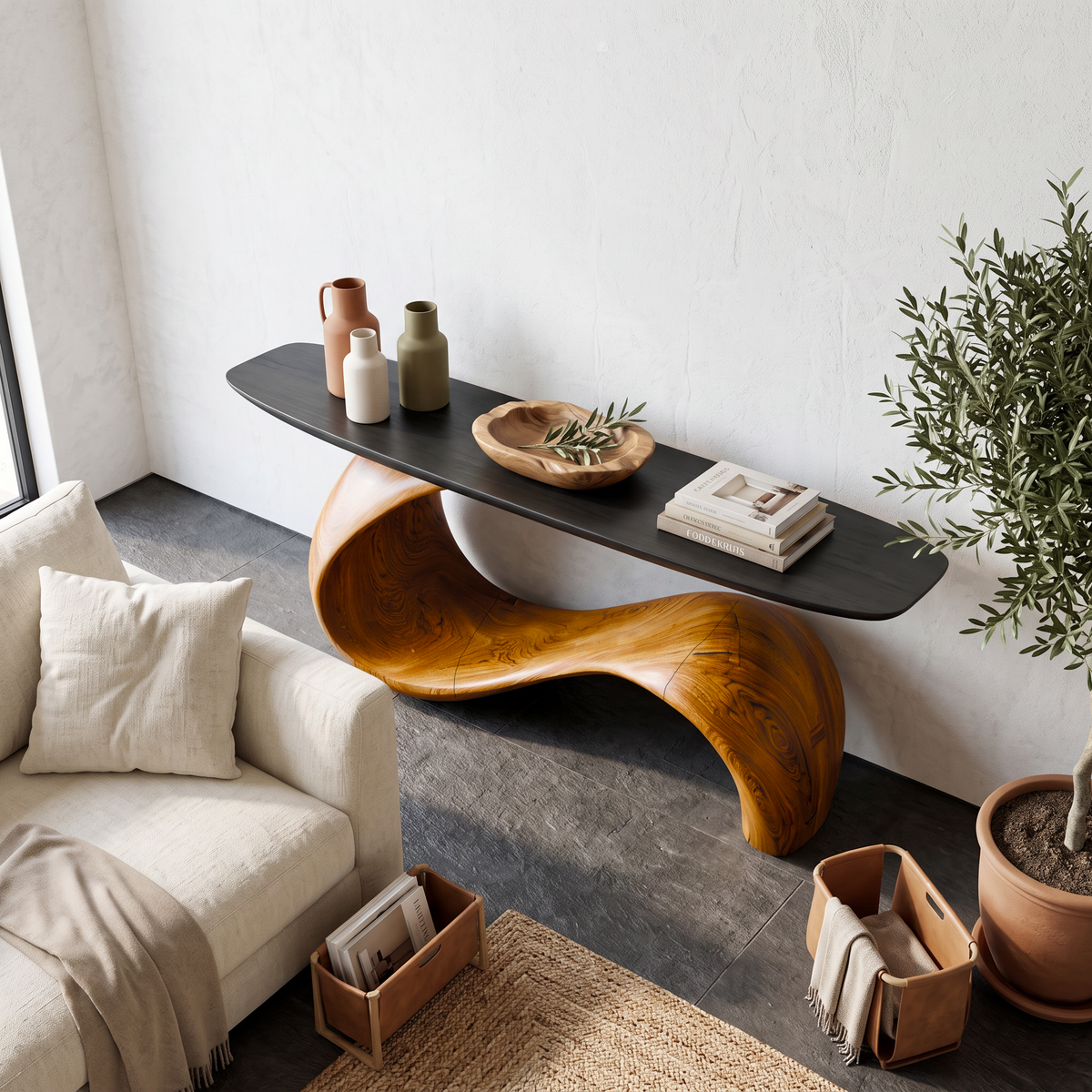Mid-Century Sculptural Solid Wood Console Table for Entryway - Image 2