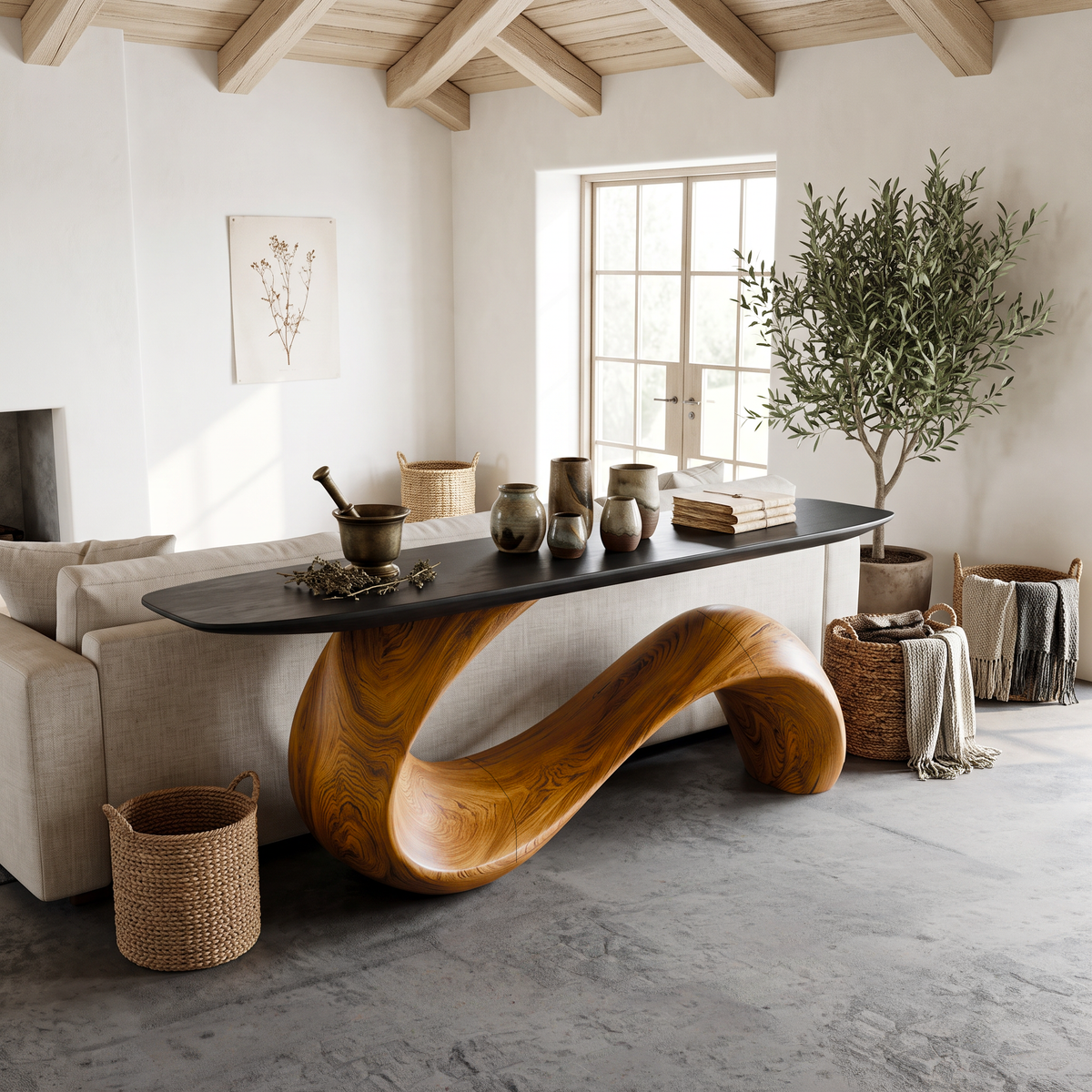 Mid-Century Sculptural Solid Wood Console Table for Entryway - Image 3