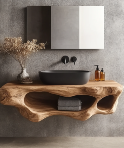 Sculpted Solid Wood Floating Vanity with Open Storage Cavities