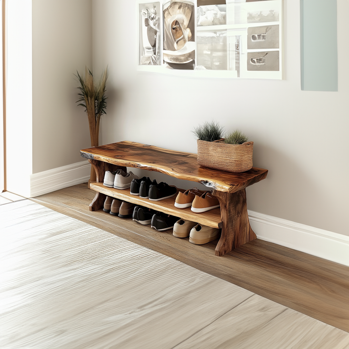 Farmhouse Solid Wood Entryway Shoe Bench with Live Edges - Image 2