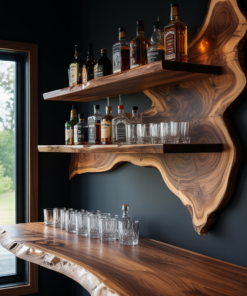 Live Edge Solid Wood Floating Wine Shelf with Sculpted Back Panel