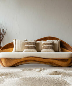 Solid Wood Live Edge Sofa with Wave-Inspired Frame and Cushions