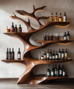 Sculptural Solid Hardwood Tree Wine Rack with Ambient Lighting