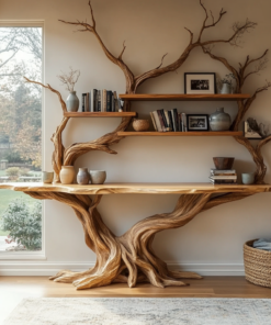 Tree Trunk Sculpted Solid Wood Console Table with Display Shelves