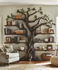 Ancient Tree Solid Hardwood Bookshelf with Bark-Carved Trunk