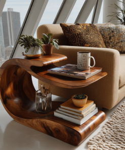 Handcrafted Solid Wood C-Shaped Side Table with Lower Shelf