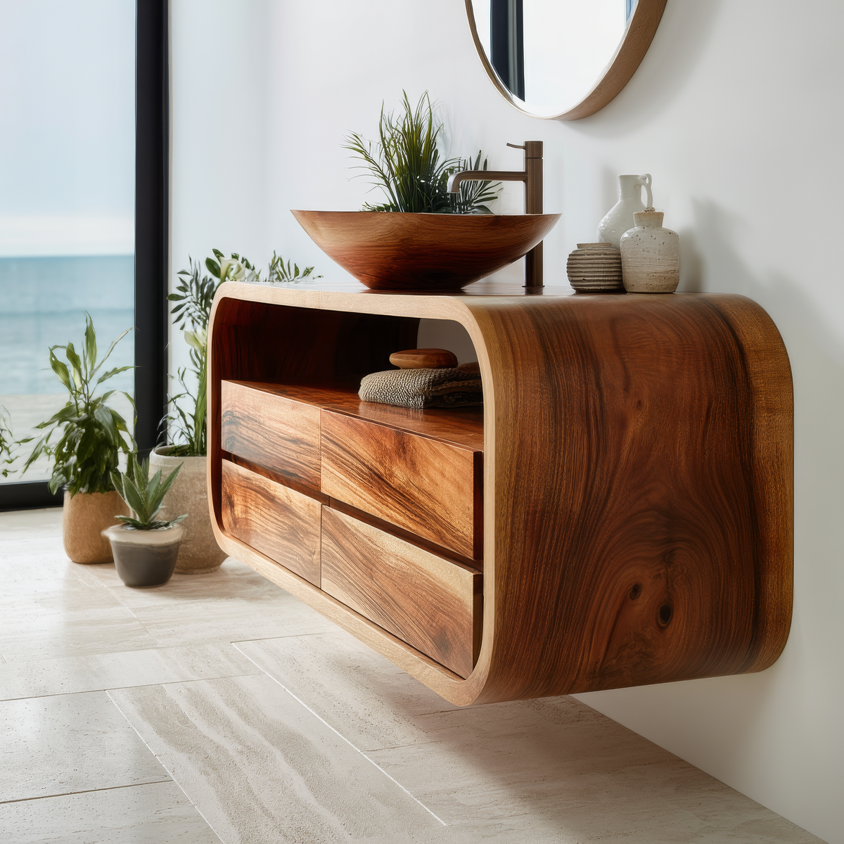 Sculpted Solid Wood Floating Bathroom Vanity with Rounded Edges